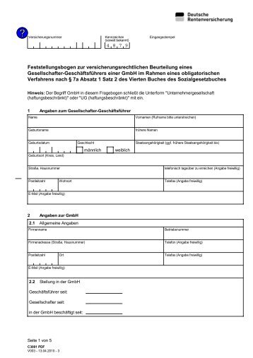 Feststellungsbogen zur versicherungsrechtlichen Beurteilung