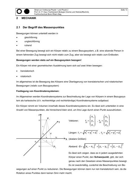 Skript zur Vorlesung Physik Teil 1 (Sommersemester) und Teil 2 ...