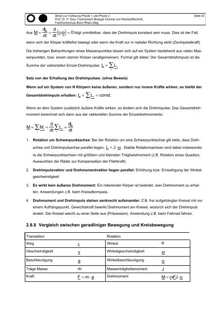 Skript zur Vorlesung Physik Teil 1 (Sommersemester) und Teil 2 ...