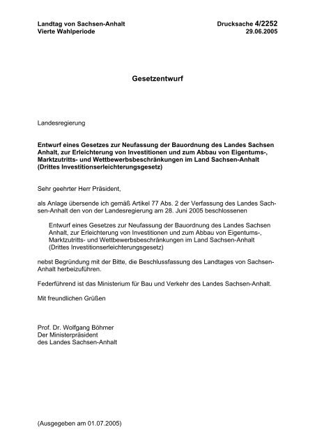 Entwurf Eines Gesetzes Zur Neufassung Der Bauordnung Des