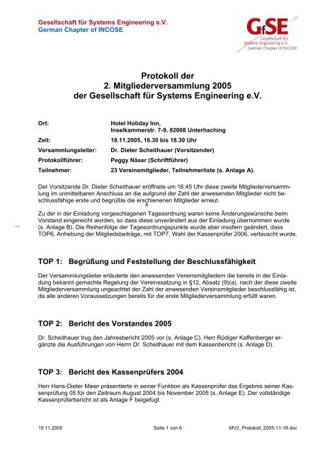 Protokoll der 2. Mitgliederversammlung am 18. November 2005 - GfSE