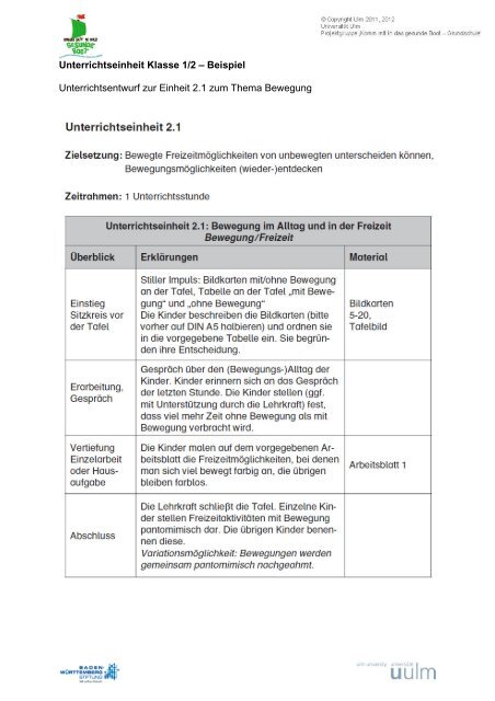 Unterrichtseinheit Klasse 1 2 Beispiel Unterrichtsentwurf Zur