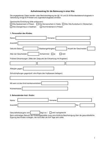 Aufnahmeantrag für die Betreuung in einer Kita - Gemeinde ...