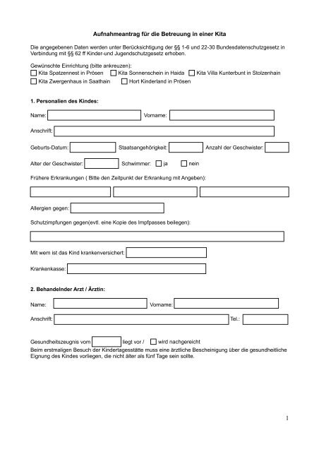 Aufnahmeantrag für die Betreuung in einer Kita - Gemeinde ...