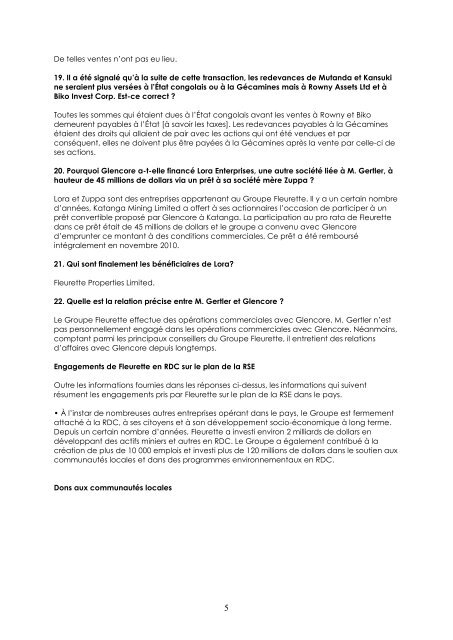 Questions de Global Witness 1. Un prospectus publié par Glencore ...