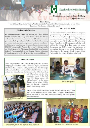 Lesen Sie hier unseren Patenbericht 09/12 - Geschenke der Hoffnung