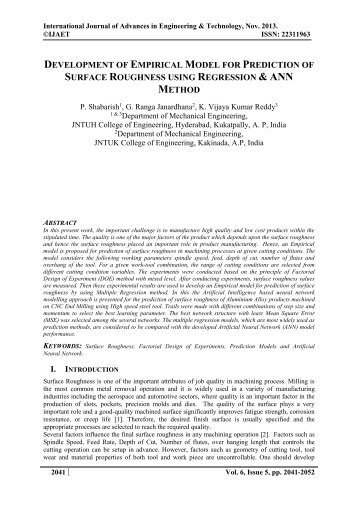 DEVELOPMENT OF EMPIRICAL MODEL FOR PREDICTION OF SURFACE ROUGHNESS USING REGRESSION 