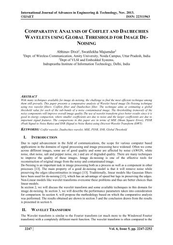 COMPARATIVE ANALYSIS OF COIFLET AND DAUBECHIES WAVELETS USING GLOBAL THRESHOLD FOR IMAGE DE-NOISING