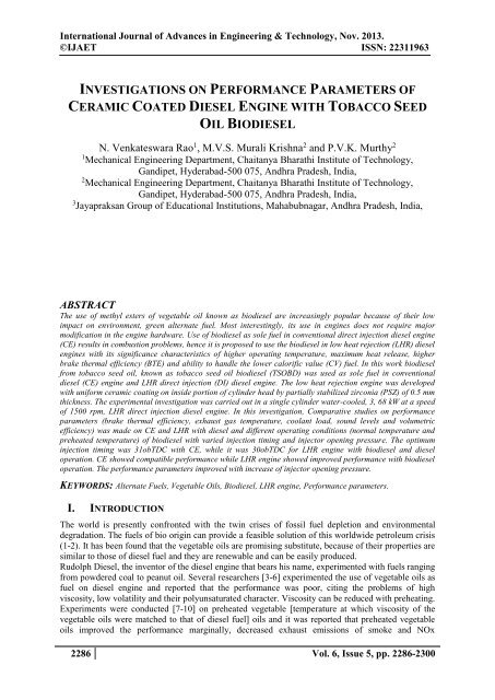 INVESTIGATIONS ON PERFORMANCE PARAMETERS OF CERAMIC COATED DIESEL ENGINE WITH TOBACCO SEED OIL BIODIESEL