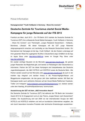 Kampagne für junge Reisende auf der ITB 2013 - Germany Travel