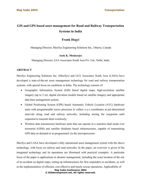 GIS and GPS based asset management for Road and Railway ...