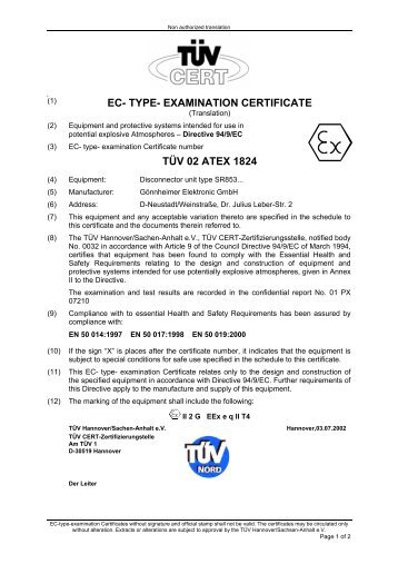 EC- TYPE- EXAMINATION CERTIFICATE TÜV 02 ATEX 1824 - Malux