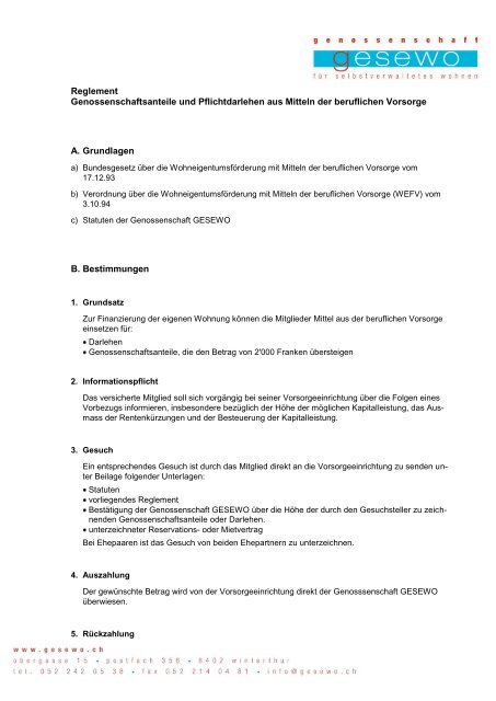 Genossenschaftsanteile und Pflichtdarlehen aus Mitteln ... - GESEWO