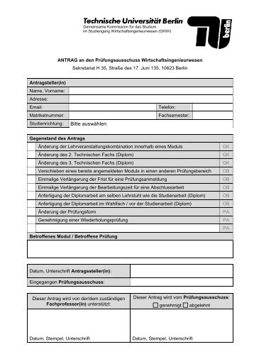 Standardformular PA - Studiengang Wirtschaftsingenieurwesen