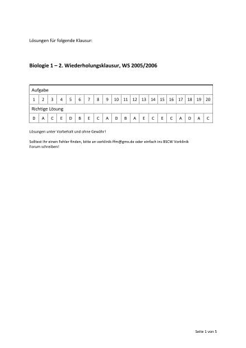 Biologie 1 – 2. Wiederholungsklausur, WS 2005/2006