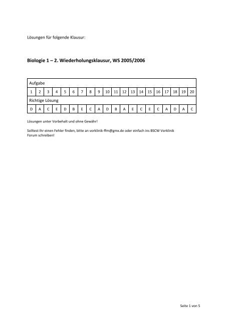 Biologie 1 – 2. Wiederholungsklausur, WS 2005/2006