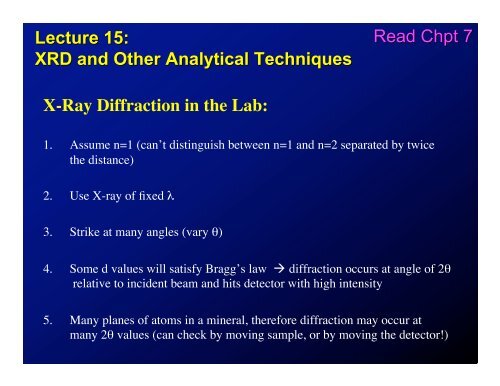 Lecture 15: XRD and Other Analytical Techniques X-Ray Diffraction ...