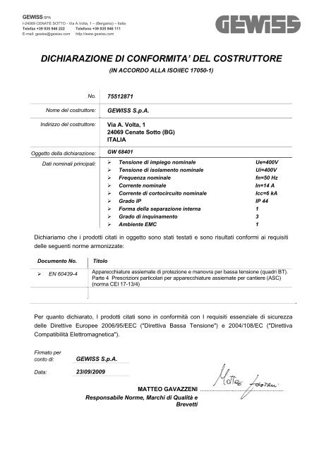 DICHIARAZIONE DI CONFORMITA' DEL COSTRUTTORE - Gewiss