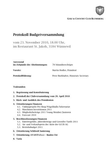 Protokoll Budgetversammlung - Golf & Country Club Blumisberg