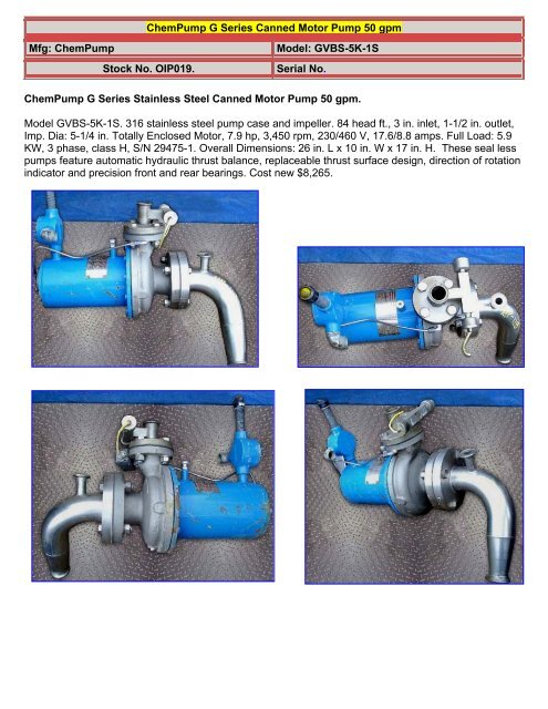 ChemPump G Series Canned Motor Pump 50 gpm - Food ...