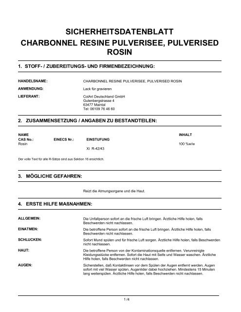 sicherheitsdatenblatt charbonnel resine pulverisee ... - Gerstaecker.at