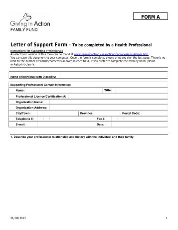 Letter of Support Form - The Giving in Action Society