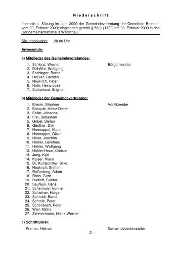 Protokoll der Gemeindevertretersitzung vom 09.02.2009