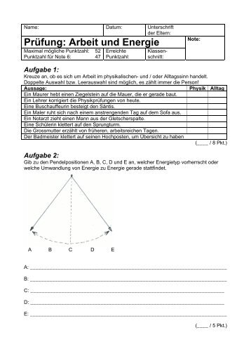 Prüfung: Arbeit und Energie - Gegenschatz.net