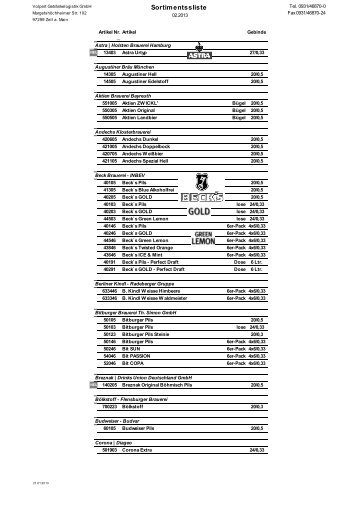 Sortimentssliste - Getränkehandel Würzburg W. Volpert e.K.