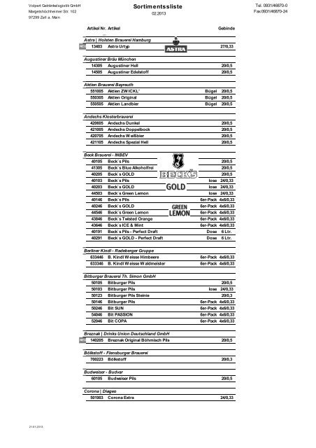 Sortimentssliste - Getränkehandel Würzburg W. Volpert e.K.