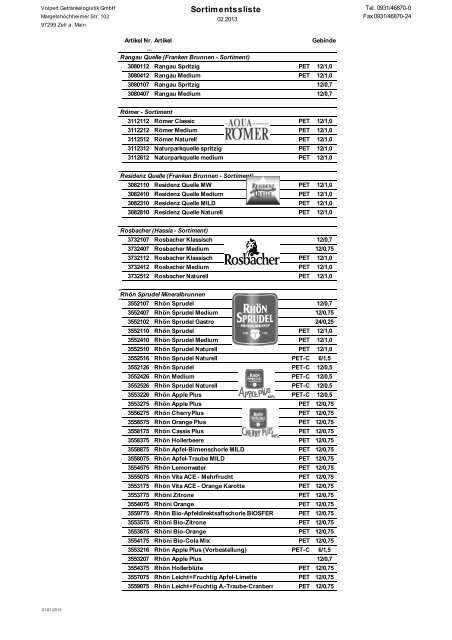 Sortimentssliste - Getränkehandel Würzburg W. Volpert e.K.