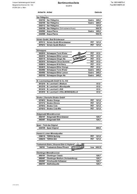 Sortimentssliste - Getränkehandel Würzburg W. Volpert e.K.