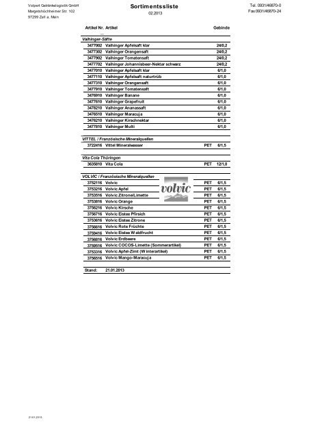 Sortimentssliste - Getränkehandel Würzburg W. Volpert e.K.