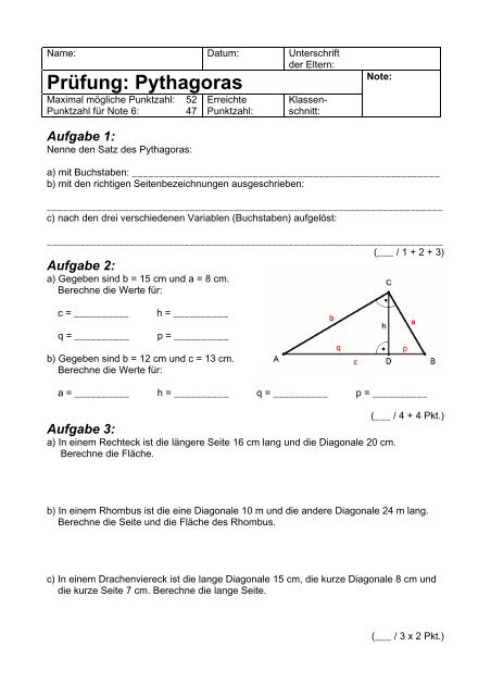 Prüfung: Pythagoras - Gegenschatz.net