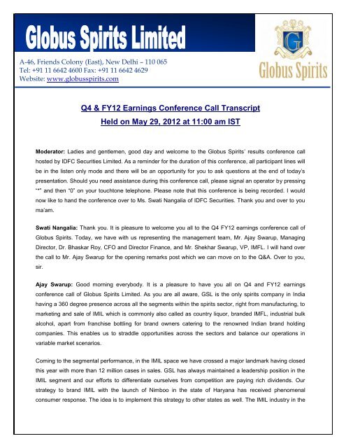 GSL-Q4 FY12-Concall-Transcript.pdf - Globus Spirits