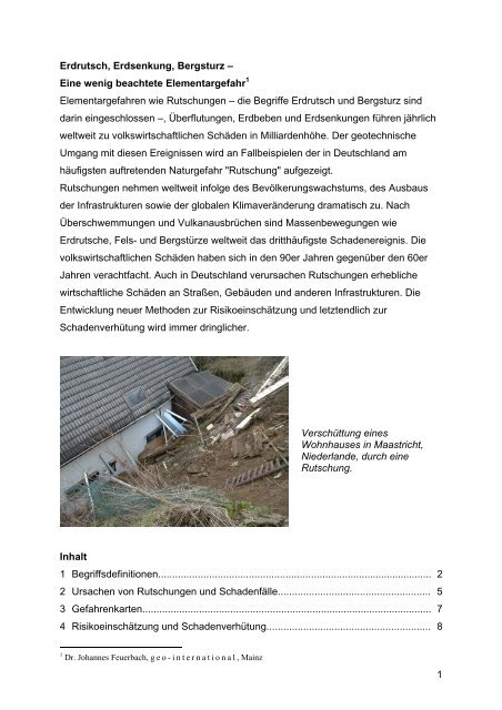 Erdrutsch, Erdsenkung, Bergsturz – - Geo-International