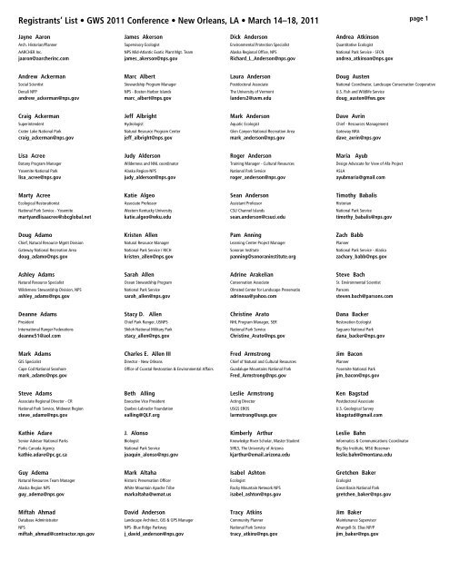 Registrants' List • GWS 2011 Conference • New Orleans, LA • March ...