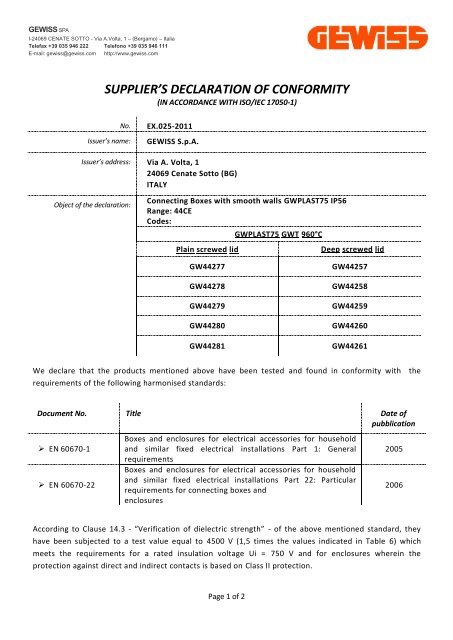 SUPPLIER'S DECLARATION OF CONFORMITY - Gewiss