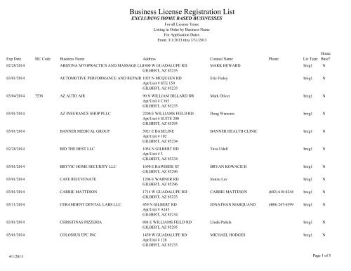 Business License Registration List Town Of Gilbert