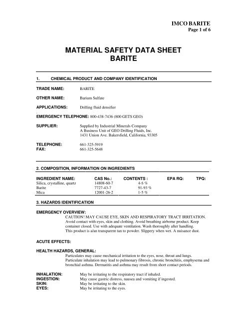 MATERIAL SAFETY DATA SHEET BARITE - GEO Drilling Fluids, Inc.