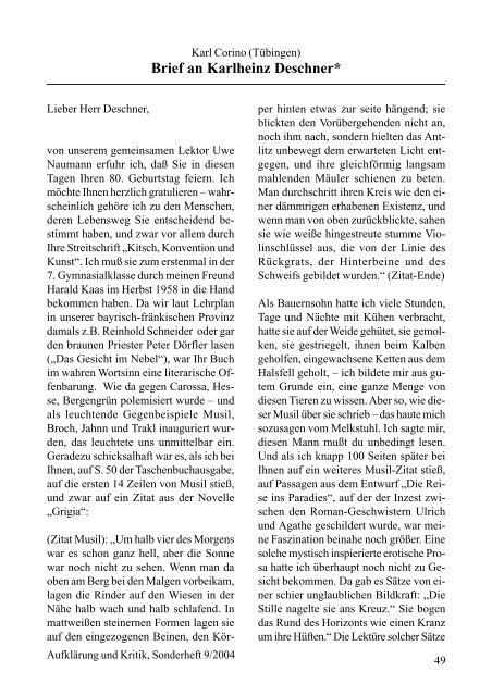 Karl Corino: Brief an Karlheinz Deschner