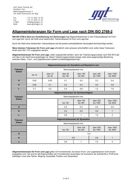 Allgemeintoleranzen nach DIN ISO 27681 GGT GleitTechnik AG