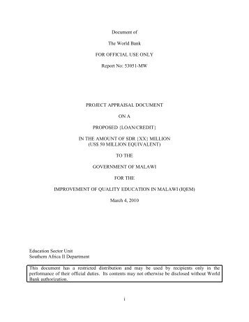 i Document of The World Bank FOR OFFICIAL USE ONLY Report No
