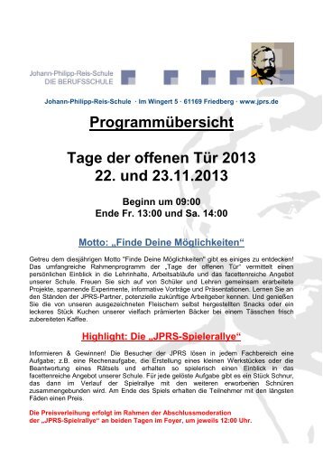 Programm "Tage der offenen Tür 2013" JPRS Berufsschule Friedberg/H. am 22. und 23.11.2013