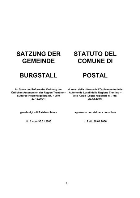 satzung der gemeinde burgstall statuto del comune di postal