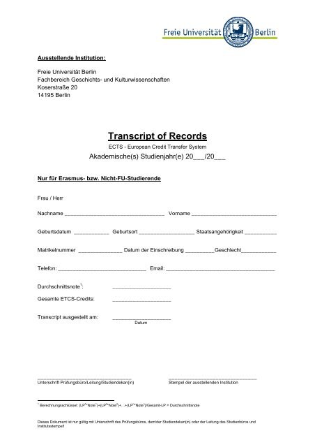 Transcript of Records - Fachbereich Geschichts - Freie Universität ...