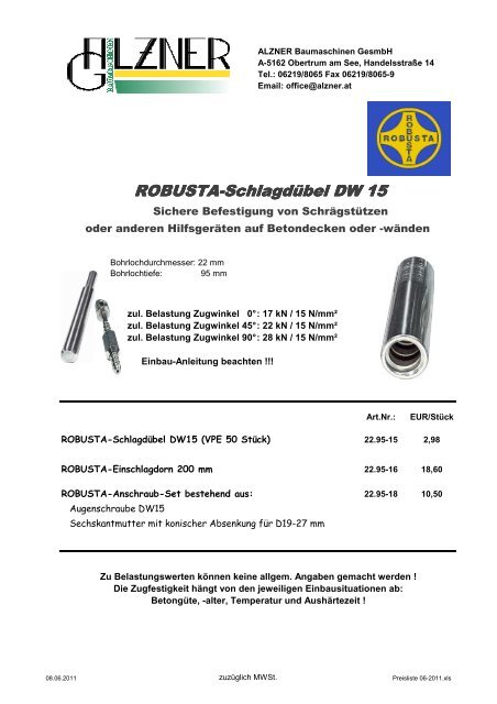 Schlagdübel, Alu-Gewindehülsen, etc. - Alzner Baumaschinen