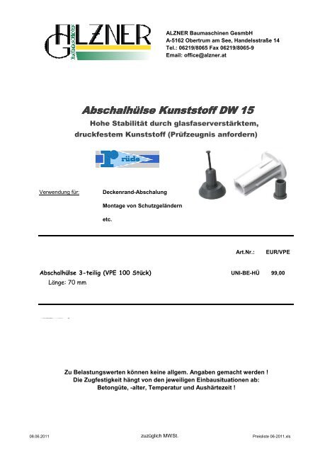 Schlagdübel, Alu-Gewindehülsen, etc. - Alzner Baumaschinen