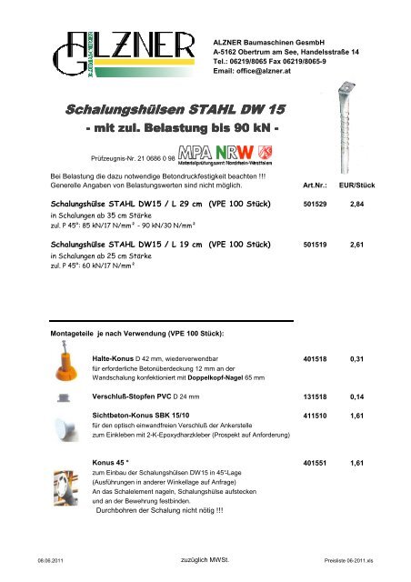 Schlagdübel, Alu-Gewindehülsen, etc. - Alzner Baumaschinen