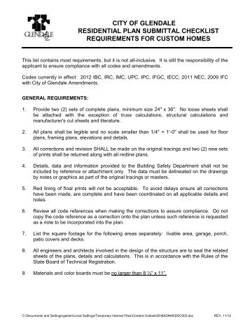 city of glendale residential plan submittal checklist requirements for ...